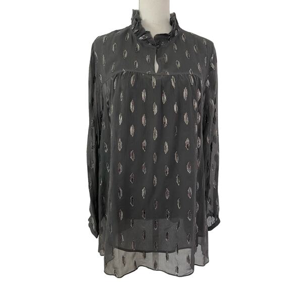 Soft Surroundings Womens Metallic Chiffon Ruffle Neck Blouse Top Size L Gray - Picture 1 of 8